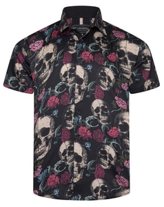 KAM Floral Skull  Print Shirt Black